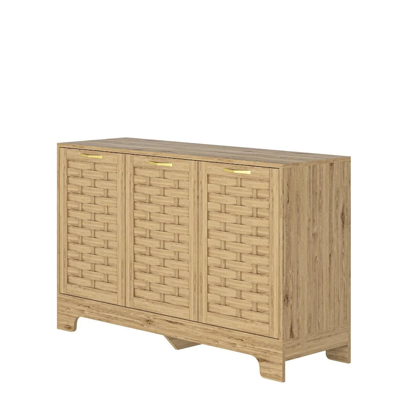 Meuble de rangement Mid-Century en bois avec étagère réglable et porte tressée – Buffet/bahut en MDF pour chambre, salon, cuisine