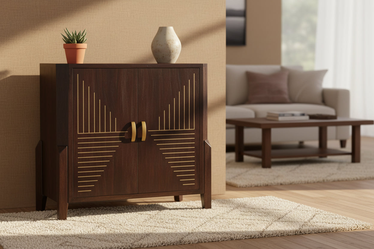 Two Door Mango Wood Cabinet with Geometric Design - Dark Cocoa Brown Finish - Storage Shelf - Modern Living Room Furniture