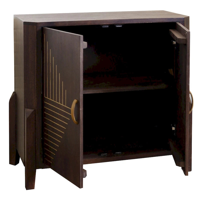Two Door Mango Wood Cabinet with Geometric Design - Dark Cocoa Brown Finish - Storage Shelf - Modern Living Room Furniture
