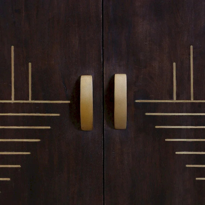 Two Door Mango Wood Cabinet with Geometric Design - Dark Cocoa Brown Finish - Storage Shelf - Modern Living Room Furniture