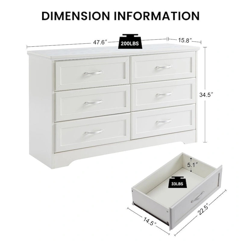 6-Drawer Dresser Chest for Bedroom - Modern Clothes Organizer with Metal Pulls & Anti-Tip Device - Particle Board Storage Cabinet