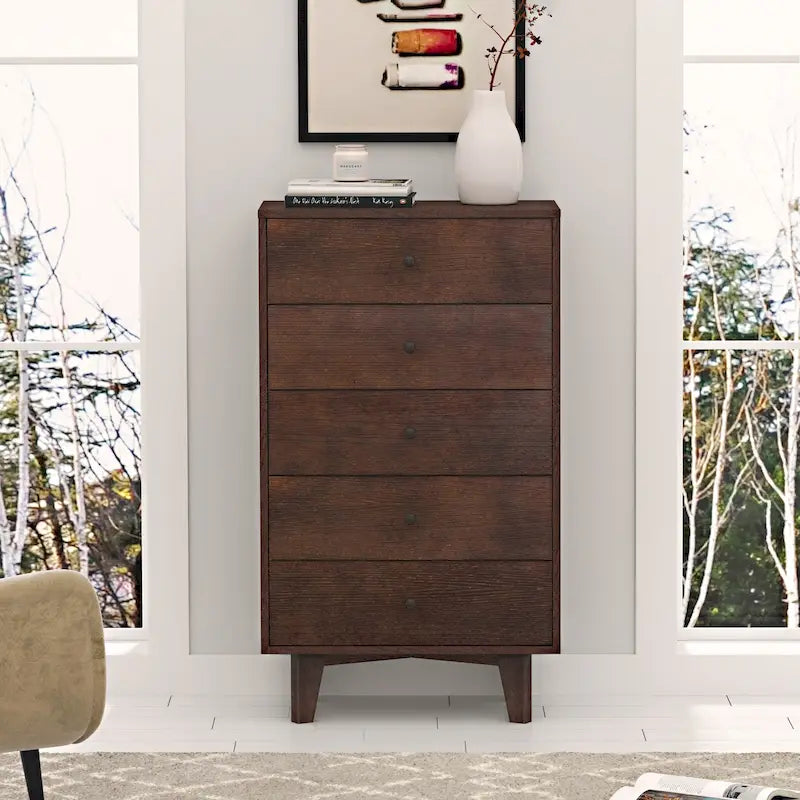 7-Drawer Sideboard Cabinet 47.56"W Birch Wood Auburn Finish Retro Storage Organizer for Bedroom Living Room Dining Room Furniture