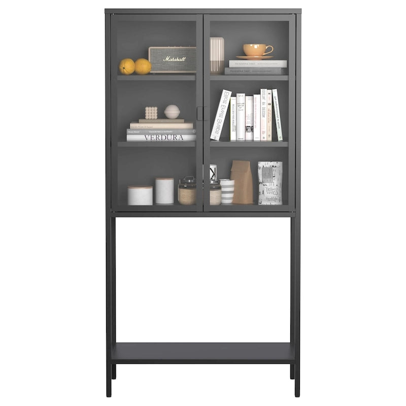 Display Storage Cabinet Glass Doors Cold-Rolled Steel 2 Adjustable Shelves Magnetic Closure Anti-Tip Modern Organizer Multi-Room Furniture
