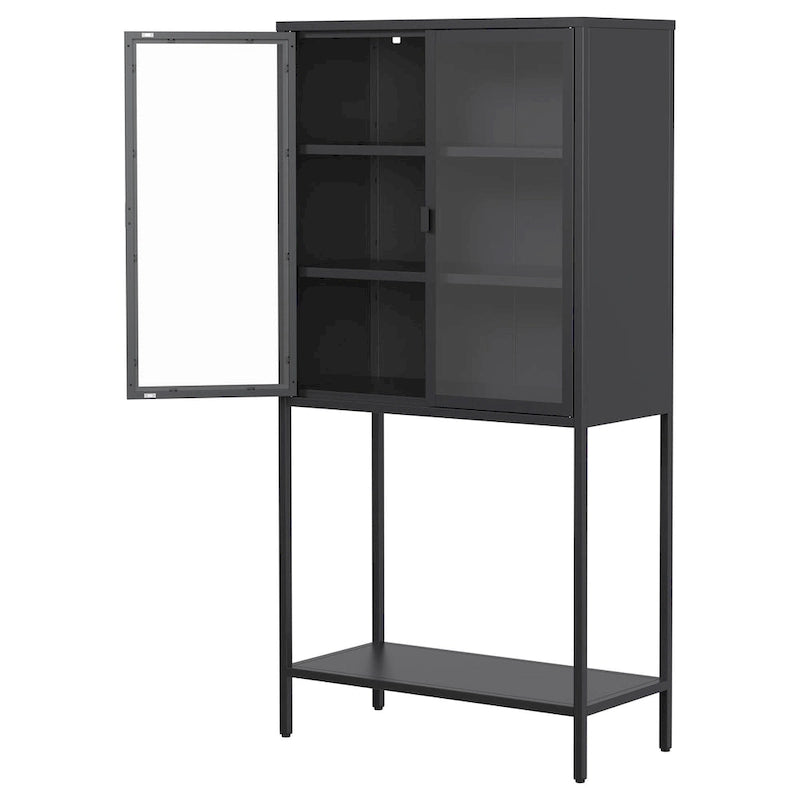 Display Storage Cabinet Glass Doors Cold-Rolled Steel 2 Adjustable Shelves Magnetic Closure Anti-Tip Modern Organizer Multi-Room Furniture