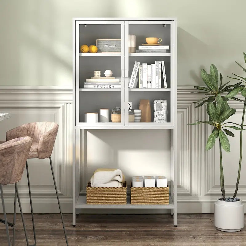 Display Storage Cabinet Glass Doors Cold-Rolled Steel 2 Adjustable Shelves Magnetic Closure Anti-Tip Modern Organizer Multi-Room Furniture