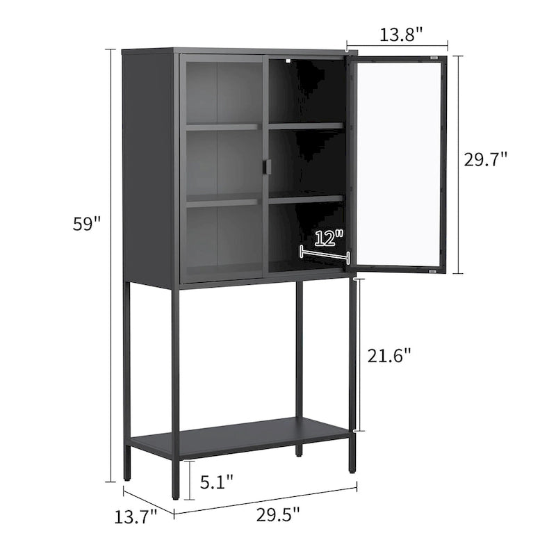 Display Storage Cabinet Glass Doors Cold-Rolled Steel 2 Adjustable Shelves Magnetic Closure Anti-Tip Modern Organizer Multi-Room Furniture