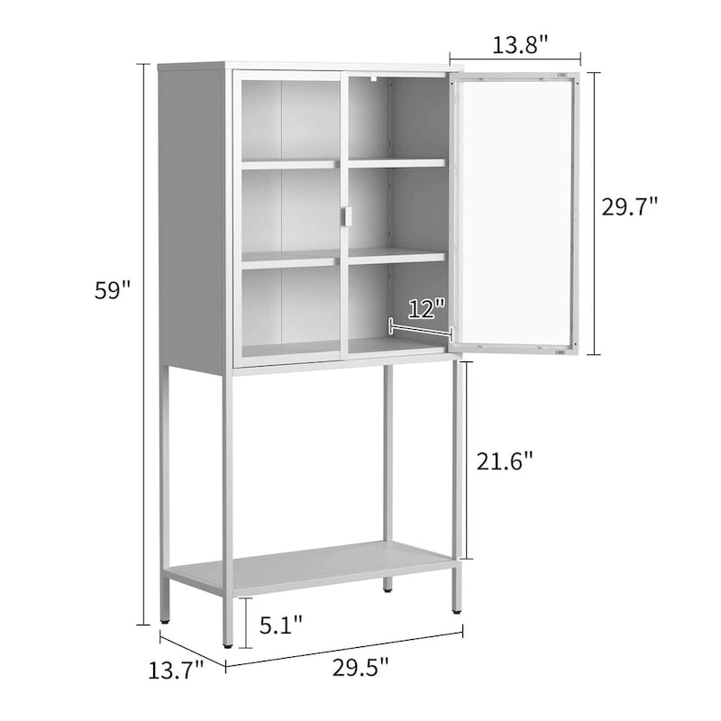 Display Storage Cabinet Glass Doors Cold-Rolled Steel 2 Adjustable Shelves Magnetic Closure Anti-Tip Modern Organizer Multi-Room Furniture