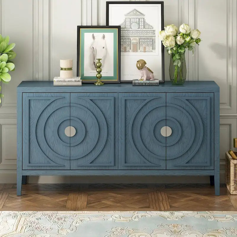 Retro Sideboard Cabinet with Adjustable Shelves, 4 Door Storage, Round Metal Handles, Wood Kitchen Dining Room Furniture