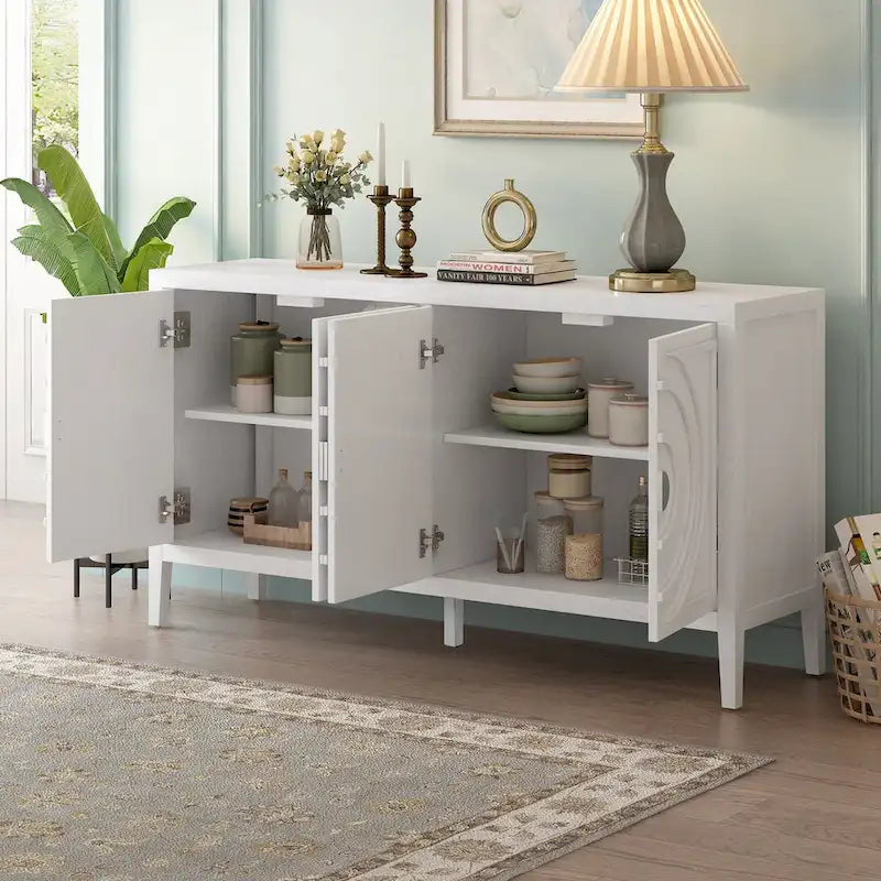 Retro Sideboard Cabinet with Adjustable Shelves, 4 Door Storage, Round Metal Handles, Wood Kitchen Dining Room Furniture