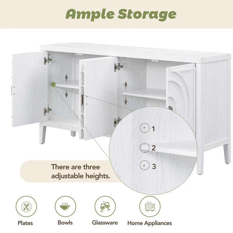 Retro Sideboard Cabinet with Adjustable Shelves, 4 Door Storage, Round Metal Handles, Wood Kitchen Dining Room Furniture