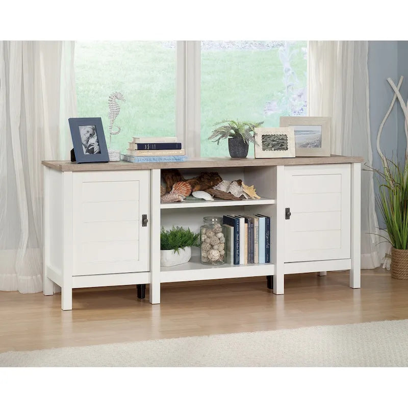 59" Farmhouse TV Stand Credenza with Storage Doors & Adjustable Shelves - Mystic Oak Wood Entertainment Center for 65" TV