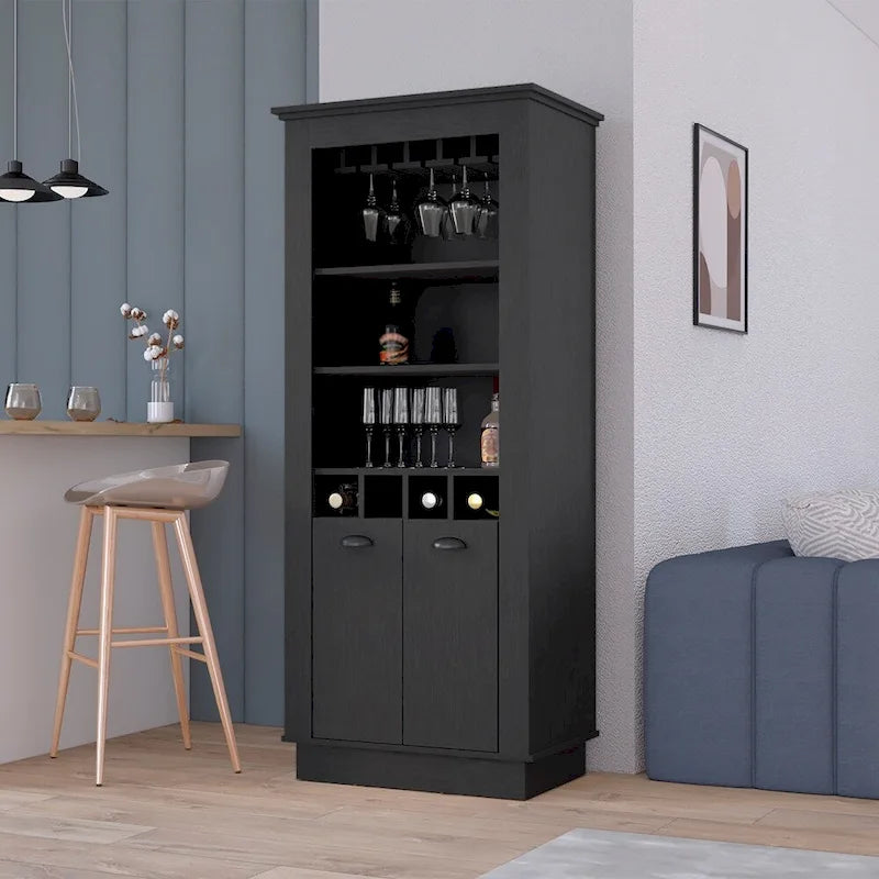 Bar Cabinet with 4 Wine Racks & Glass Holder - Black Wood Storage for Living Room Dining - 10 Stemware Capacity