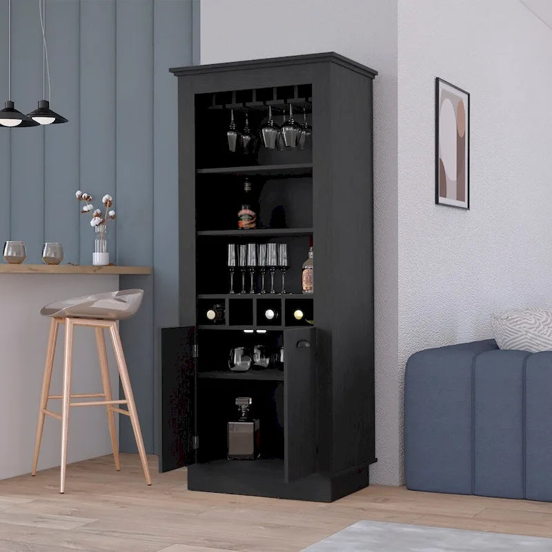 Bar Cabinet with 4 Wine Racks & Glass Holder - Black Wood Storage for Living Room Dining - 10 Stemware Capacity
