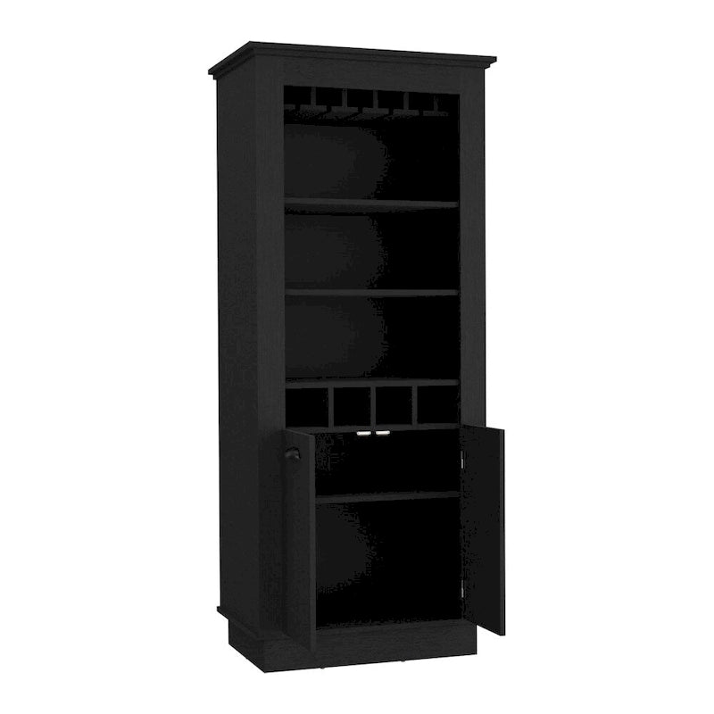 Bar Cabinet with 4 Wine Racks & Glass Holder - Black Wood Storage for Living Room Dining - 10 Stemware Capacity