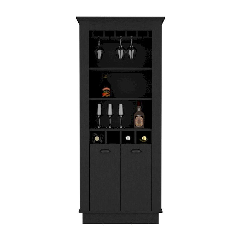 Bar Cabinet with 4 Wine Racks & Glass Holder - Black Wood Storage for Living Room Dining - 10 Stemware Capacity