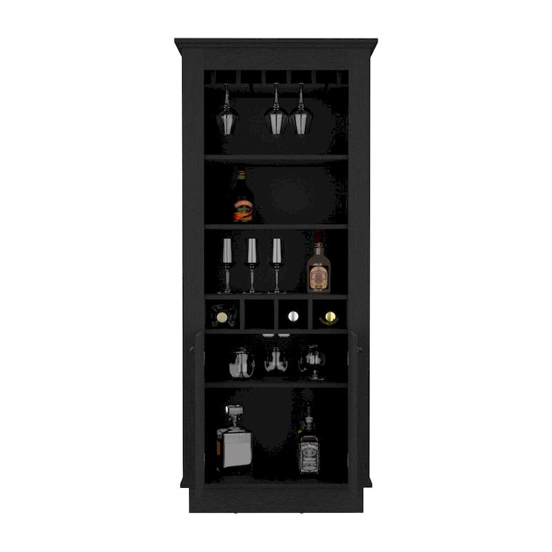 Bar Cabinet with 4 Wine Racks & Glass Holder - Black Wood Storage for Living Room Dining - 10 Stemware Capacity