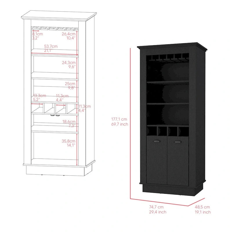 Bar Cabinet with 4 Wine Racks & Glass Holder - Black Wood Storage for Living Room Dining - 10 Stemware Capacity