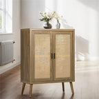 Wood Sideboard Buffet Cabinet with Rattan Doors and 3-Tier Shelves