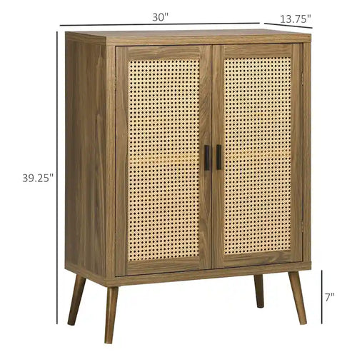 Buffet de salle à manger 30" avec portes en rotin, 3 étagères réglables, cadre en pin, panneau de particules, capacité 110 lbs, meuble de rangement anti-basculement