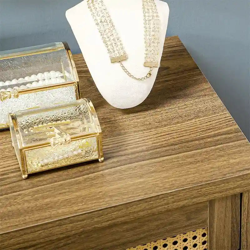 30" Sideboard Buffet Cabinet Rattan Doors 3-Tier Adjustable Shelves Pine Frame Particleboard 110 lbs Capacity Anti-Tip Storage Furniture