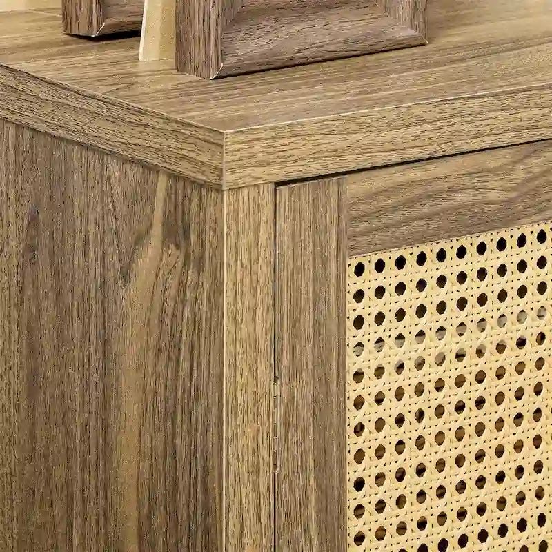 30" Sideboard Buffet Cabinet Rattan Doors 3-Tier Adjustable Shelves Pine Frame Particleboard 110 lbs Capacity Anti-Tip Storage Furniture