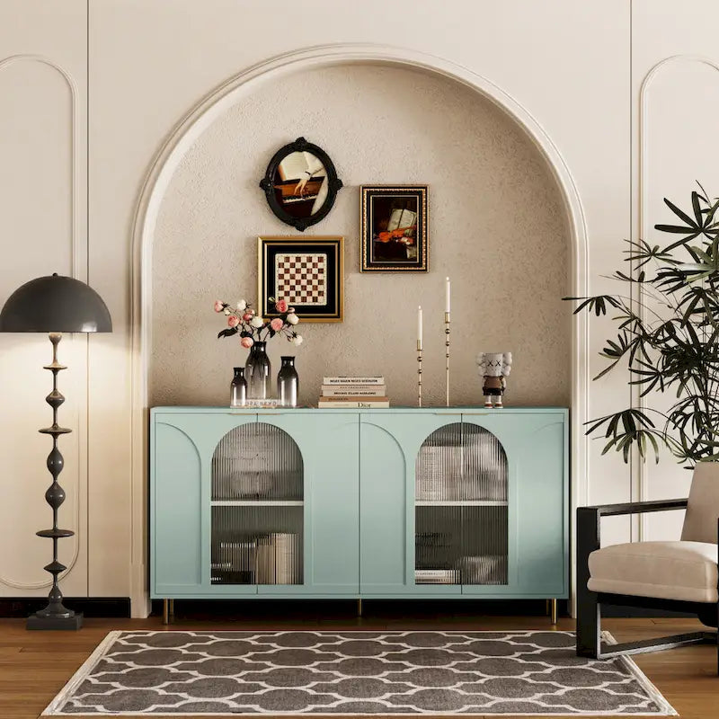 60" Wooden Cabinet 4 Glass Doors Mint Green Sideboard Buffet Server 2-Tier Storage Adjustable Shelves MDF Tempered Glass Dining Room Furniture