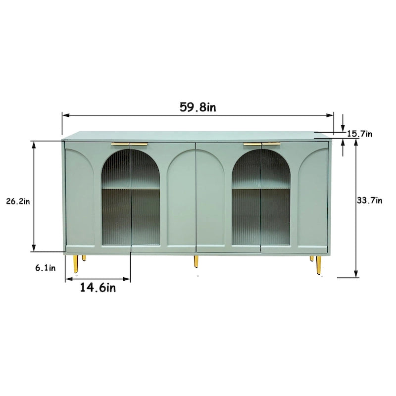 60" Wooden Cabinet 4 Glass Doors Mint Green Sideboard Buffet Server 2-Tier Storage Adjustable Shelves MDF Tempered Glass Dining Room Furniture