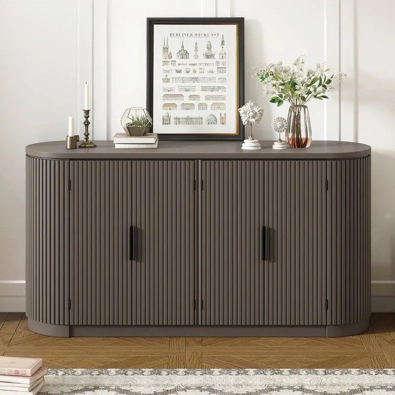 Vertical Striped Door Storage Cabinet with Metal Handles, Adjustable Shelves