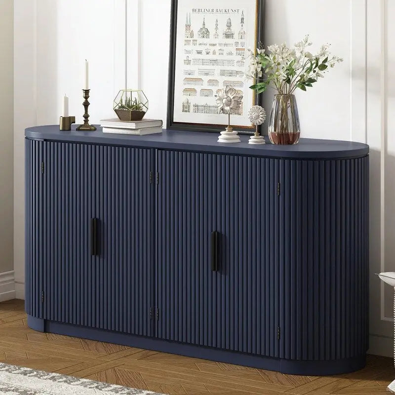 Vertical Striped Door Storage Cabinet with Metal Handles, Adjustable Shelves