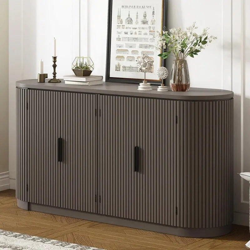 Vertical Striped Door Storage Cabinet with Metal Handles, Adjustable Shelves
