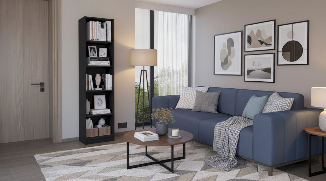 5-Tier Bookcase Slim Space-Saving Shelving Unit for Books Plants Photos - Modern Storage Display Rack for Home Office - Black Finish