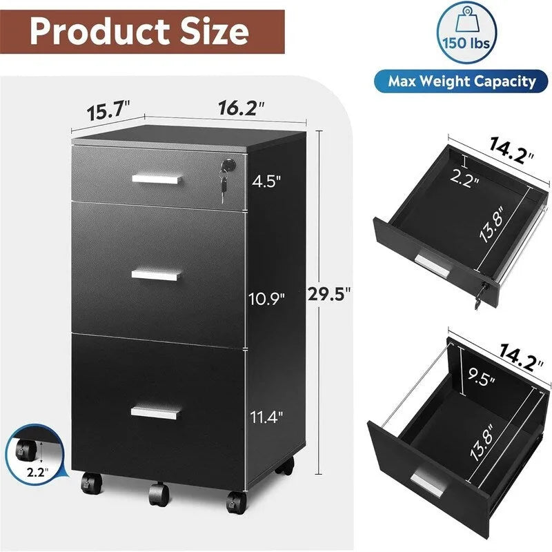 3-Drawer Rolling File Cabinet with Lock 16"D x 15.7"W x 30.7"H Mobile Storage for Letter A4 Files Home Office Furniture on Wheels