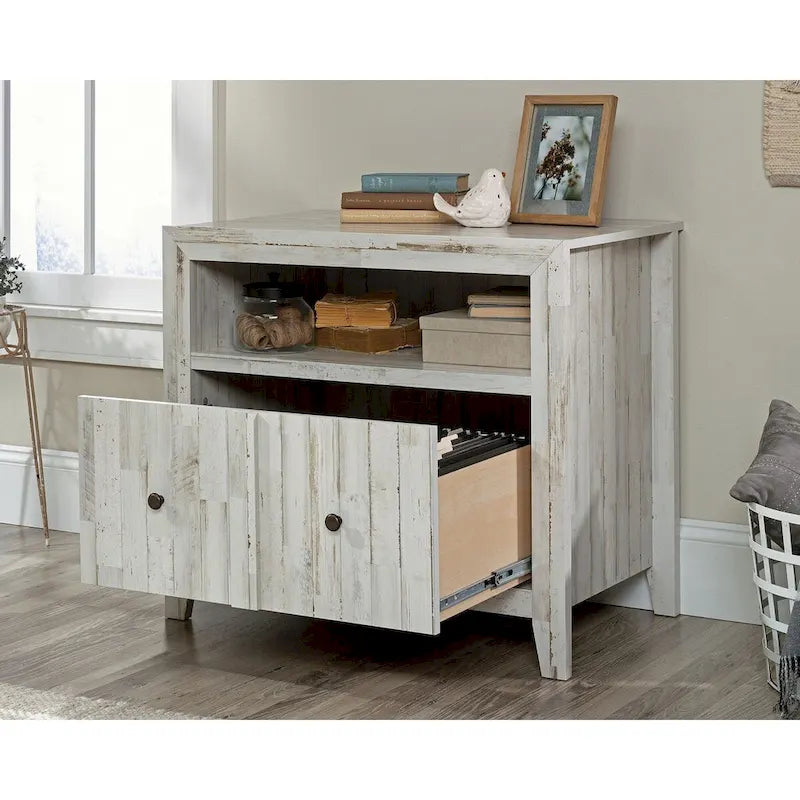 1-Drawer Lateral File Cabinet with Open Shelf, White Plank Finish, Letter/Legal Size Storage