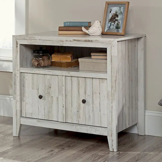 1-Drawer Lateral File Cabinet with Open Shelf, White Plank Finish, Letter/Legal Size Storage