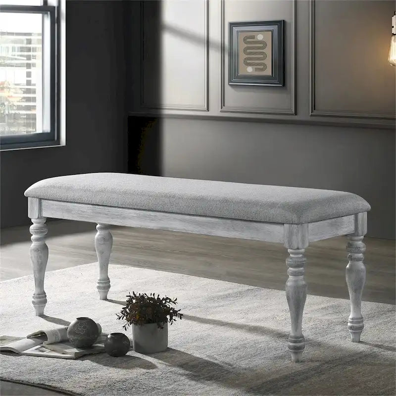 48" Upholstered Dining Bench Gray Fabric Thick Foam Padding Solid Rubberwood Turned Legs Rustic White Finish Seating Furniture