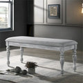48" Upholstered Dining Bench Gray Fabric Thick Foam Padding Solid Rubberwood Turned Legs Rustic White Finish Seating Furniture