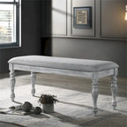 48" Upholstered Dining Bench Gray Fabric Thick Foam Padding Solid Rubberwood Turned Legs Rustic White Finish Seating Furniture