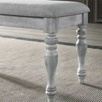 48" Upholstered Dining Bench Gray Fabric Thick Foam Padding Solid Rubberwood Turned Legs Rustic White Finish Seating Furniture