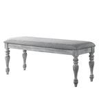 48" Upholstered Dining Bench Gray Fabric Thick Foam Padding Solid Rubberwood Turned Legs Rustic White Finish Seating Furniture
