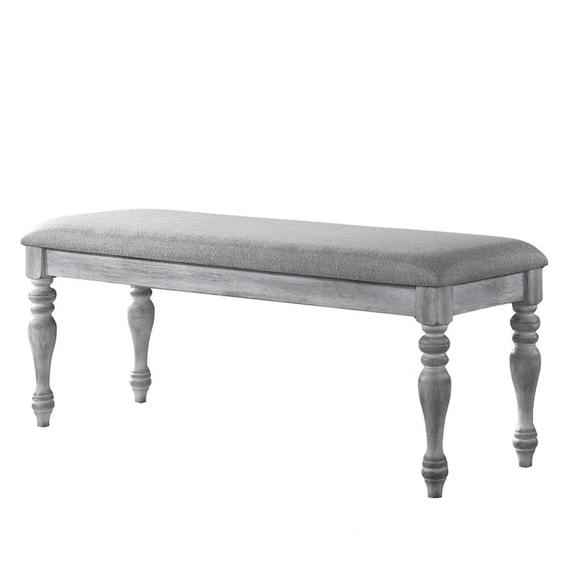 48" Upholstered Dining Bench Gray Fabric Thick Foam Padding Solid Rubberwood Turned Legs Rustic White Finish Seating Furniture
