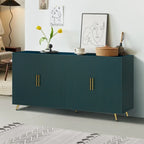 Wood TV Stand Media Console - 4 Door Storage Cabinet with Adjustable Shelves - Green Vertical Line Design for Living Room Bedroom