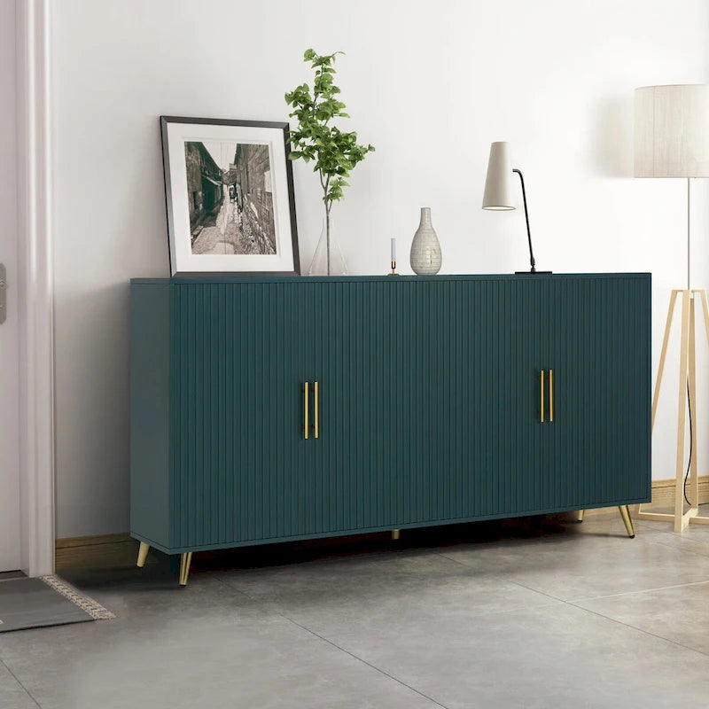 Wood TV Stand Media Console - 4 Door Storage Cabinet with Adjustable Shelves - Green Vertical Line Design for Living Room Bedroom
