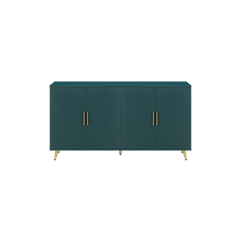 Wood TV Stand Media Console - 4 Door Storage Cabinet with Adjustable Shelves - Green Vertical Line Design for Living Room Bedroom