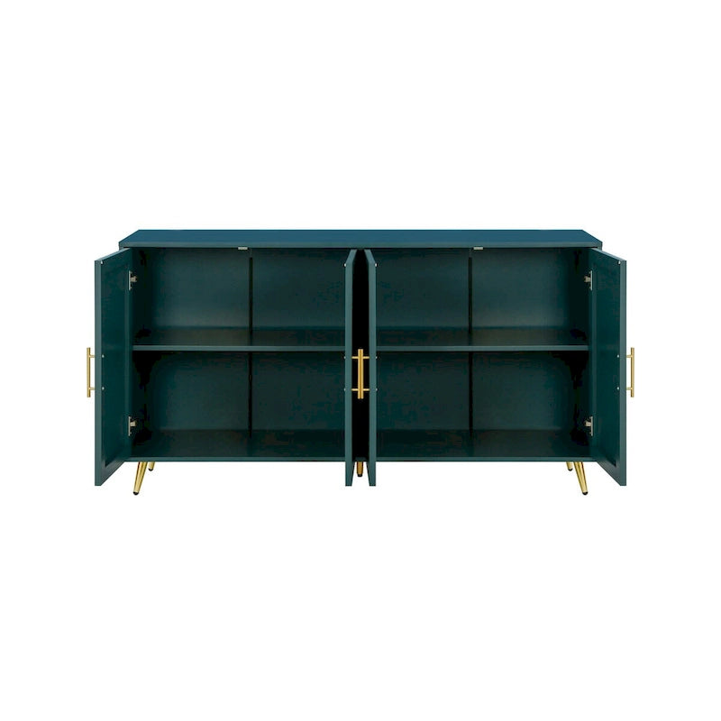 Wood TV Stand Media Console - 4 Door Storage Cabinet with Adjustable Shelves - Green Vertical Line Design for Living Room Bedroom