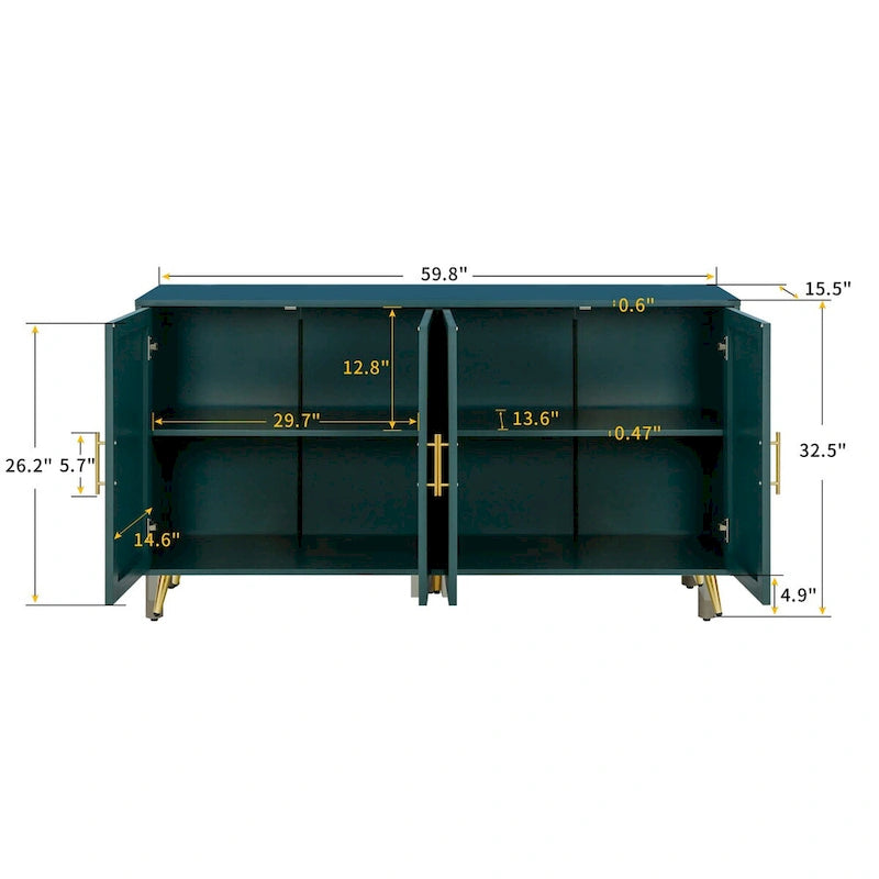 Wood TV Stand Media Console - 4 Door Storage Cabinet with Adjustable Shelves - Green Vertical Line Design for Living Room Bedroom