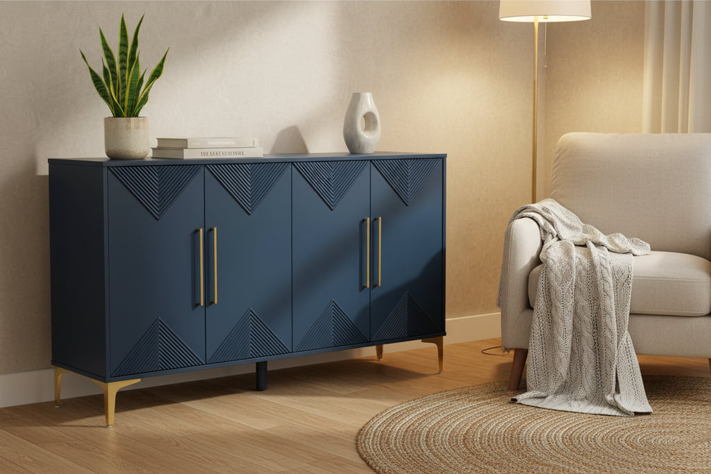 4-Door Sideboard Cabinet with Adjustable Shelves - Two-Tone Triangular Pattern, MDF & Metal, 165 lbs Capacity