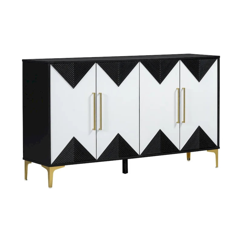 4-Door Sideboard Cabinet with Adjustable Shelves - Two-Tone Triangular Pattern, MDF & Metal, 165 lbs Capacity