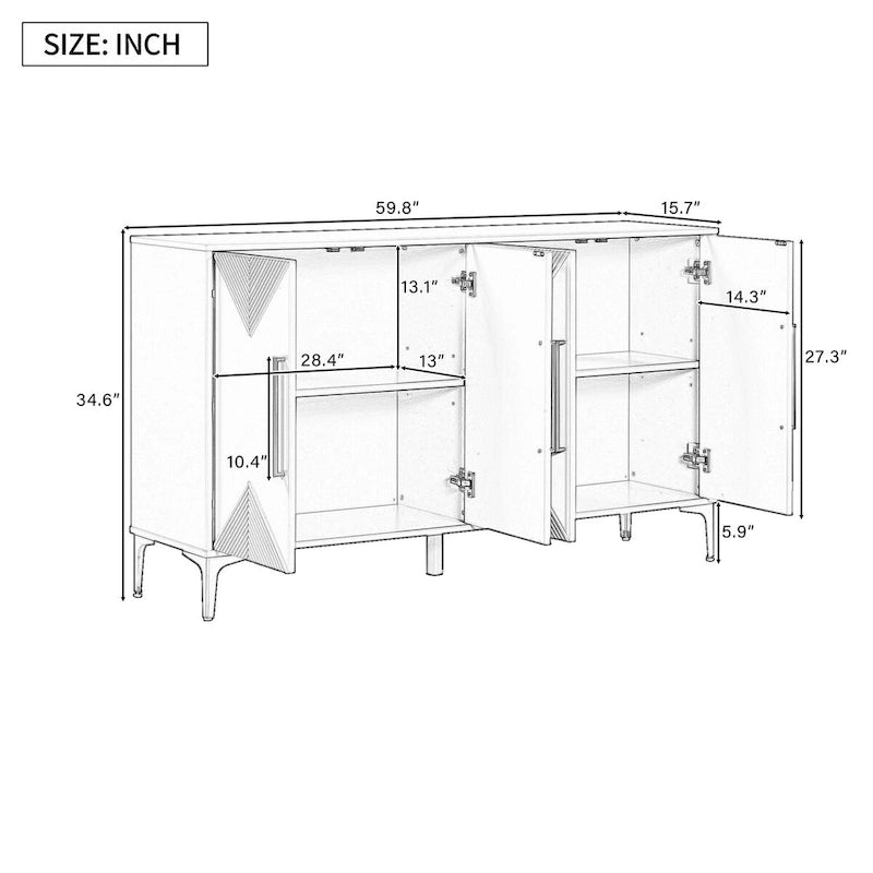 4-Door Sideboard Cabinet with Adjustable Shelves - Two-Tone Triangular Pattern, MDF & Metal, 165 lbs Capacity