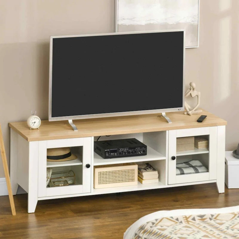 Modern TV Stand, Entertainment Center with Shelves and Cabinets for Flatscreen TVs up to 60 for Bedroom, Living Room, White