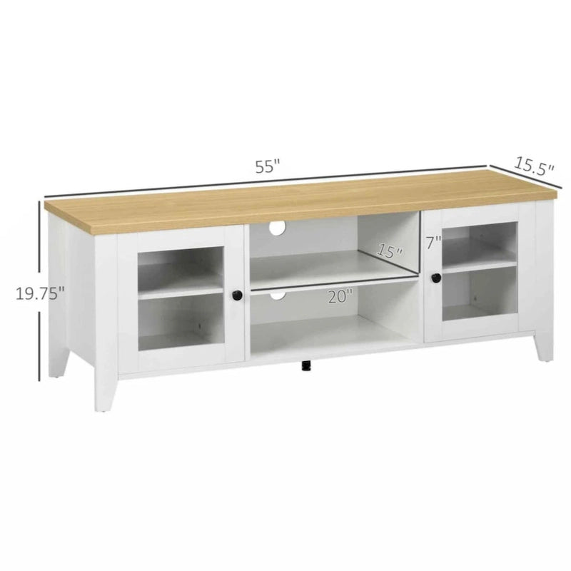 55" TV Stand Entertainment Center with Storage Cabinets & Shelves - White Wood Grain Modern Farmhouse Style for 60" Flatscreen TVs